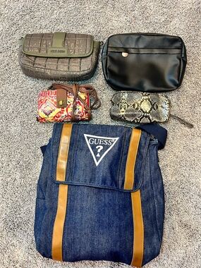 BUNDLE SALE  of 3 pouches n 2 cross body bags denim colorful cosmetic pouch